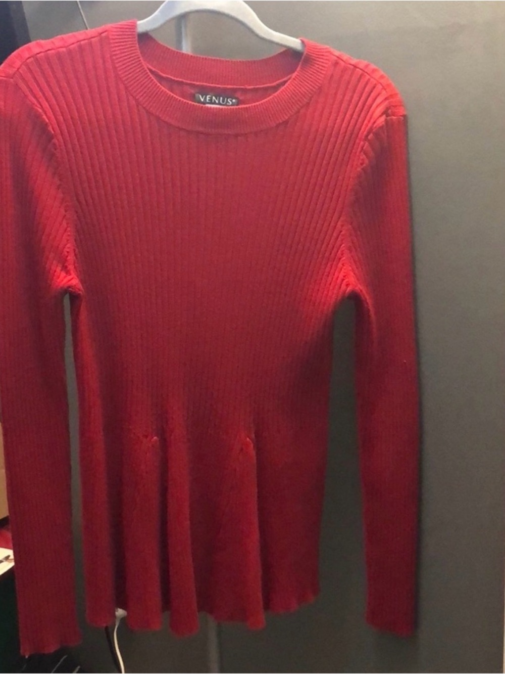 VENUS Red Ribbed Long Sleeve Peplum Top